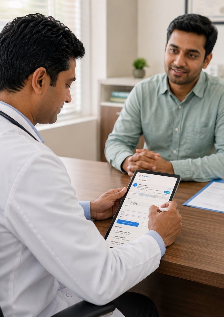 Doctor using a stylus-enabled tablet during a seated patient consultation